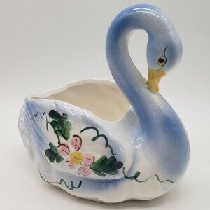 MCM Vintage Ceramic White Blue Pink Floral Swan Planter